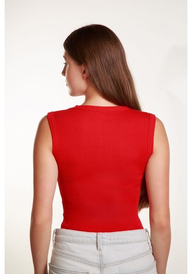 Kadın Kırmızı Fitilli Likralı Sıfır Kol Bisiklet Yaka Örme Atlet Tshirt Bluz Kırmızı