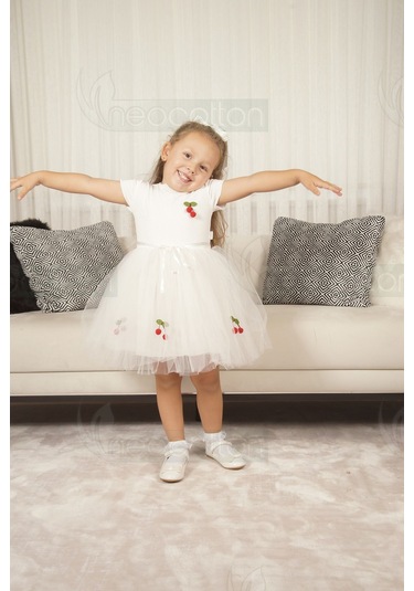 Tüllü Astarlı Esnek Kirazlı Elbise Kısa-beyaz Beyaz