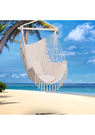 Bej Püsküllü Halat Hamak Sandalye