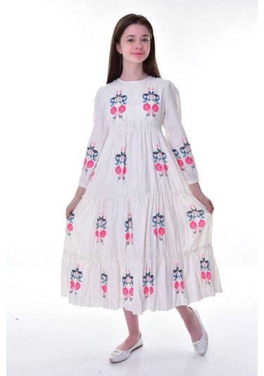 Kız Çocuk Pamuklu Keten Uzun Boydan Astarlı Elbise Kırmızı-krem