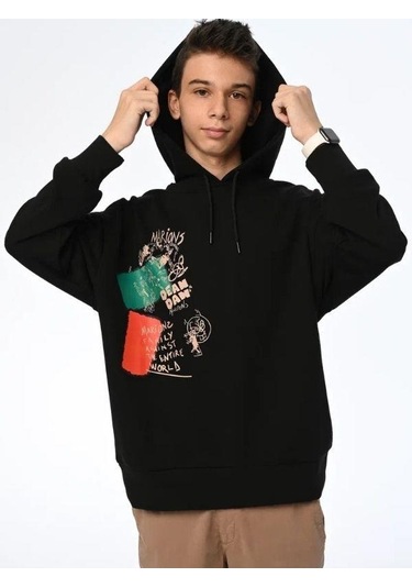 Çocuk Family World Yazıılı Kapüşonlu Sweatshirt-13545 Siyah