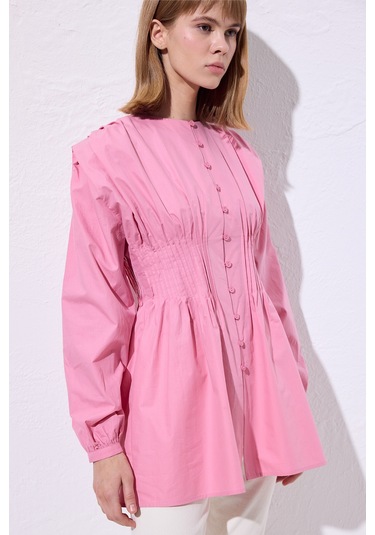 Beli Pile Detaylı Uzun Kol Bluz Pembe Pembe