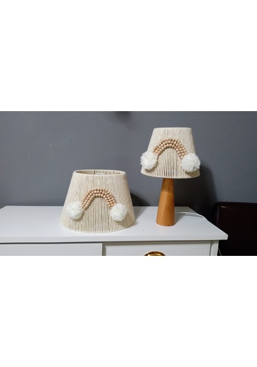 Ekru Makrome Avize Abajur Set Ahşap Boncuklu Bebek Çocuk Odası E27 Uyumlu Ekru
