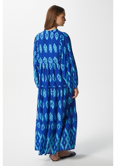 Modest Kadın Megan %100 Viskon Maksi Boy Mavi Katlı Balon Kol Uzun Yazlık Elbise Maviaçıkmavi Açık Mavi