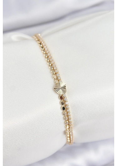 Pirinç Zirkon Taşlı Ezme Zincirli Kalp Model Gold Renk Kadın Bilekilk Çok Renkli