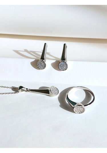 Gümüş Pave Sövalye Tasarım Kolye Küpe Yüzük Kadın Set