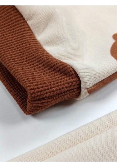 Ayıcık Desenli Kapüşonlu Bebek Alt Üst Takım Bej - Kahverengi