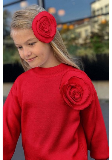 Riccotarz Kız Çocuk Balıkçı Yaka Omuzunda Gül Broşlu Kazak Bol Kesim Kırmızı Triko Alt Üst Takım Kırmızı