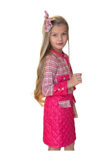 Riccotarz Kız Çocuk Kapitone Ve Altın Şerit Detaylı Şanel Fuşya Etekli Takım Fuşya