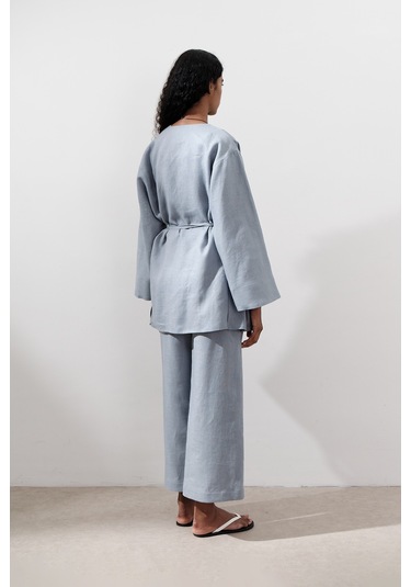 Keten Kruvaze Kapama Kimono Mavi Mavi