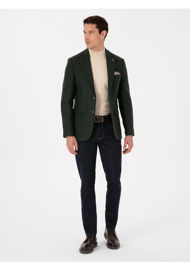 Cacharel Haki Slim Fit Yün Karışımlı Mikro Desenli Ceket Yesıl