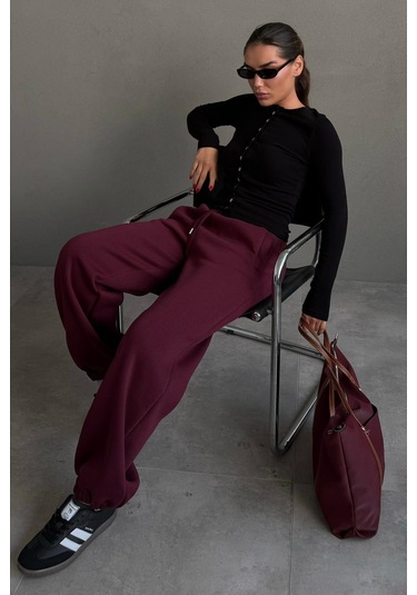 Bordo Geniş Paça Rahat Kalıp Lastikli Eşofman Altı Mg2581 Bordo