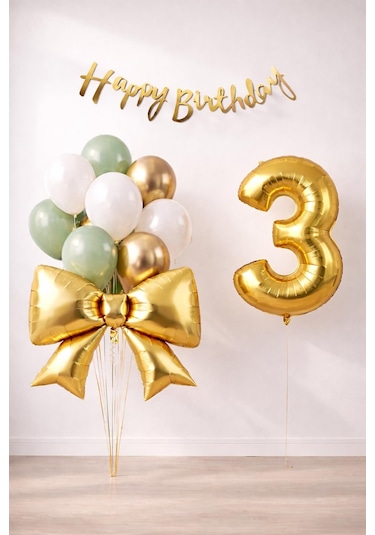 Gold Fiyonk 3 Yaş Doğum Günü Balon Seti Gold