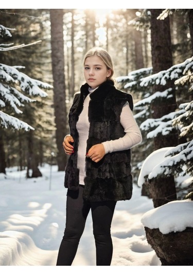 Kadın Kolsuz Hakiki Kürk - Siyah Kahve