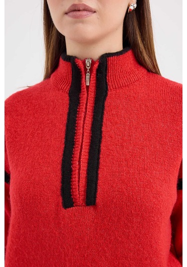 Gabria Fermuarlı Şeritli Kazak Kırmızı