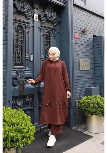 Kadın Kahve Aerobin Uzun Kapşonlu İkili Takım T0218 Kahve Kahverengi