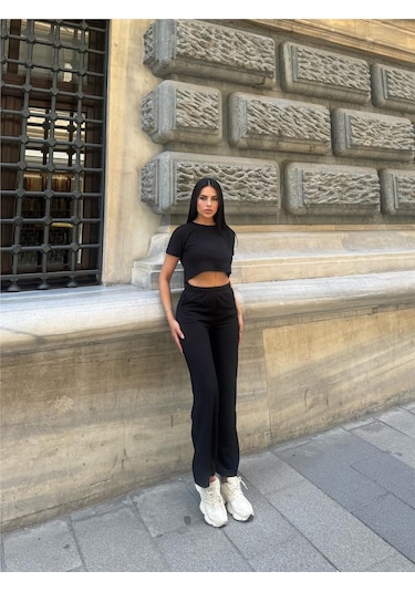 WeShaya Siyah Modal Polyester Dokulu Bisiklet Yaka Takım Siyah
