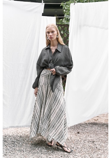 Peigi Çizgili Parçalı Siyah Midi Etek Siyah