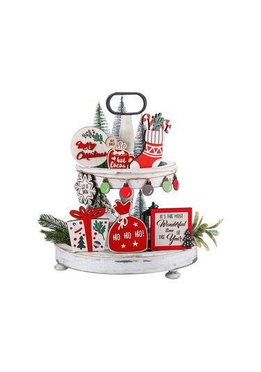 Hyt Noel Tiered Tray Noel Katmanlı Palet Ahşap Süslemeler Noel Hediyesi Kar Tanesi Dekor