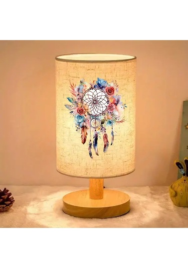 Willowhaven 24x10 Dreamcatcher Masa Lambası Usb Güçlü Çiçek Desenli Nordic Ahşap Taban Yatak Odası Ofis Dekor Hediye Füme