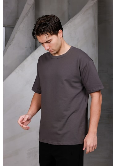 Erkek Basic Oversize Bisiklet Yaka 2 İki İplik Kompakt T-shirt Kahverengi