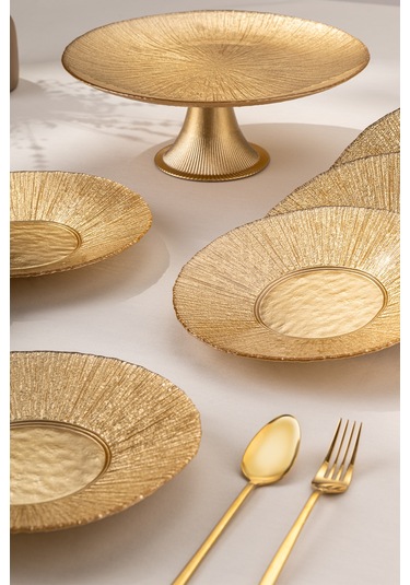 Emsan Golden 7 Parça Cam Pasta / Tatlı Seti Gold