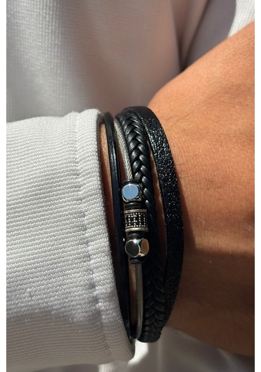 El İşçiliği İle Üretilmiş Hakiki Deri Erkek Bileklik Gümüş - Siyah