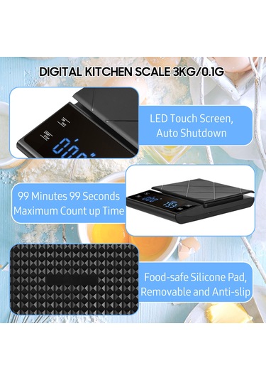 Maiyame Siyah Dijital Mutfak Terazi, 3kg/0.1g Hassasiyetli, Dokunmatik Ekran, Otomatik Kapatma Ve Birim Dönüşümü Özellikli, Pil İle Çalışır 3 Aaa Pil İçerir Ek6012 Siyah