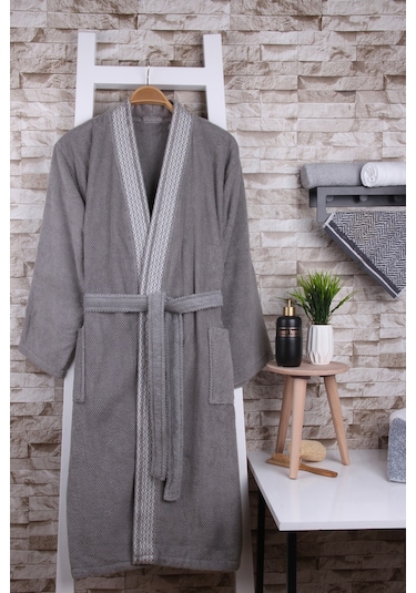 Baveno %100 Pamuk Jakarlı Gri Kimono Bornoz Gri