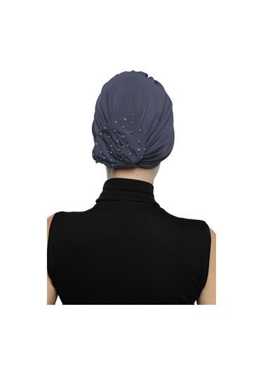 Kristal Yelpaze Taş İşlemeli Çift Taraflı Astarlı Hazır Koyu Gri Türban Tesettür Abiye Bone