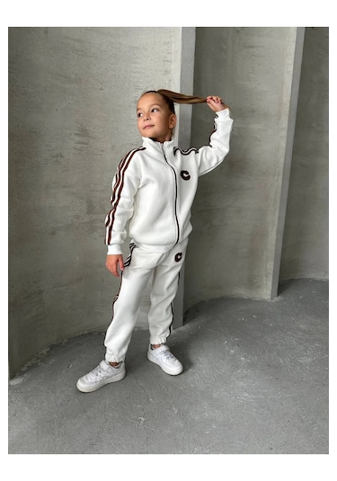 Kız Çocuk Eşofman Takım Fermuarlı %100 Pamuklu Alt Üst Takım Beyaz