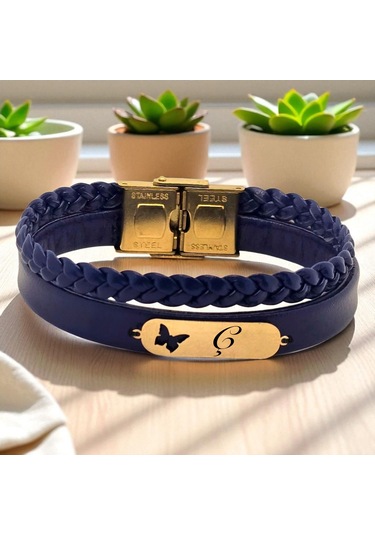Archin Ç Harfine Özel Lacivert Derili Kelebek Motifli 14 Ayar Altın Plakalı Hediye Bileklik-616harf Ç