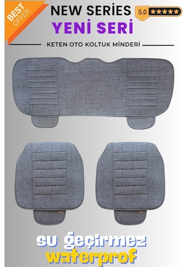 Keten Su Geçirmez Ön Arka Araba Koltuk Minderi 3'lü Oturak Cepli Gri