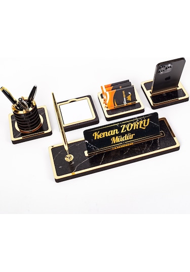 Mermer Desenli 5 Parça Ahşap Masa İsimliği Ofis Hediyesi İsimlik