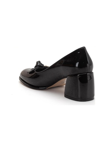 Büyük Beden Kadın Kalın Topuklu Ayakkabı Siyah Rugan Fiyonklu Yuvarlak Burun-4300 Siyah