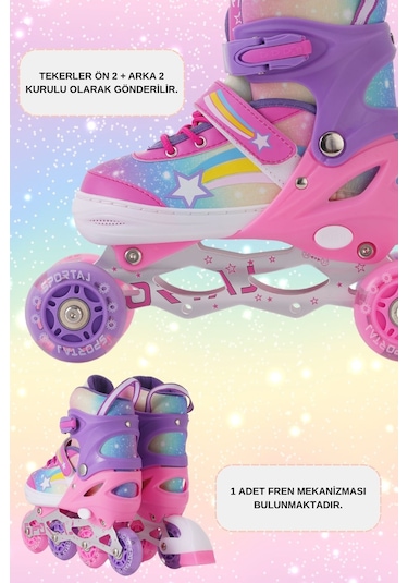 Yıldız Gökkuşağı Işıklı Kız Çocuk Pateni Silikon Teker Ayarlanabilir Paten Taşıma Çantalı Pembe Lila Pembe