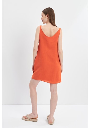 Stella Pulvis Turuncu Askılı Keten Mini Elbise Turuncu