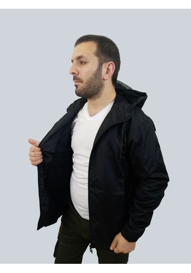 Erkek Kapüşonlu File Detaylı Siyah Yağmurluk Siyah