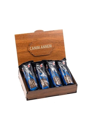 Sevdiklerinize Özel Ahşap Hediye Kutusunda 4 Adet Karam Gurme Bitter Çikolatalı ( Canım Annem Yazılı )