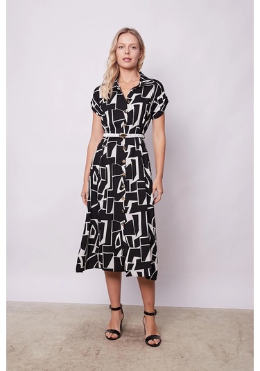 Kadın Desenli Yakalı Düşük Omuzlu Duble Kol Kemerli Midi Boy Elbise Deri Kemer Dahil -siyah Desen Siyah Dsn.