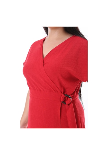 Kadın Büyük Beden Kırmızı Bürümcük Kumaş Beli Tokalı Anvelop Elbise 65n38314-kırmızı Kırmızı