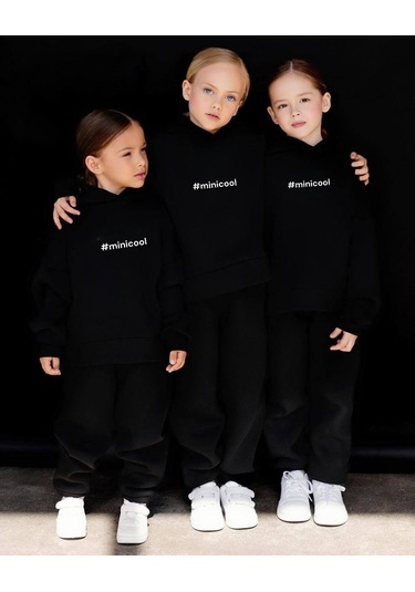 Erkek Çocuk Kız Çocuk Nakışlı Slogan Hashtag Oversize Alt Üst Takım Kapüşonlu 3 İplik Şardonlu Siyah Renk Siyah