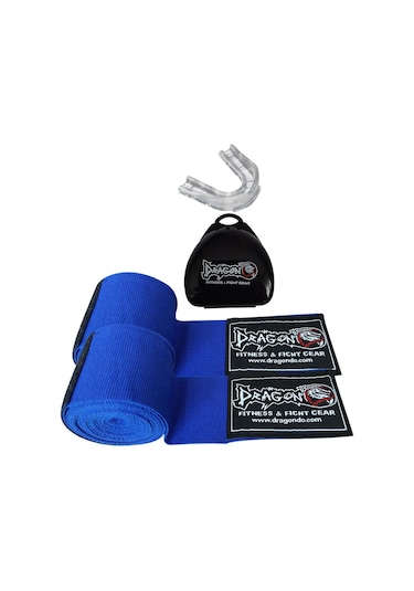 Dragondo Boks Bandajı Elastik Bandaj Çift Ve Dişlik 2'li Set Mavi