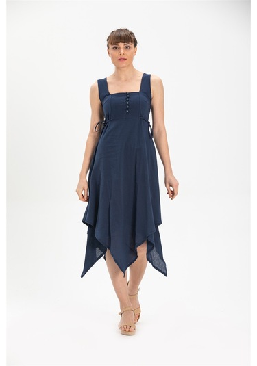 Kolsuz Şile Bezi Üçgen Katlı Midi Boy Elbise Lacivert Lcvt