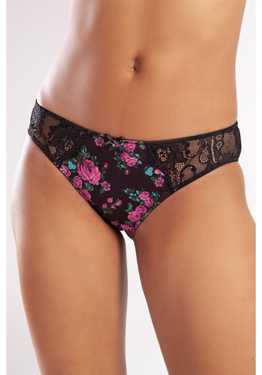 Golshan Gardenia Mini Slip, Kadın Dantelli Çiçek Baskılı Siyah Normal Bel Külot Çok Renkli