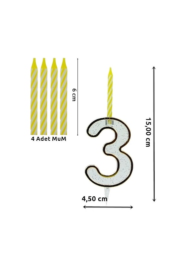 3 Rakam Şeffaf Mumluk ve 4 Adet Mum