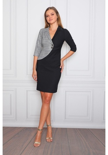 E.T.'S Element'S Kadın Siyah Beyaz Ekoseli Ofis Elbisesi Siyah