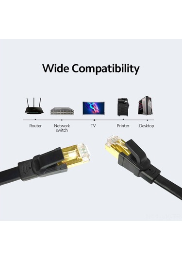 Kedi 8 Ethernet Kablosu Düz İnternet Ağı Kablosu 28awg Oksijen İçermeyen Bakır 40gbps Yüksek Hız 2000mhz Bant Genişliği, Siyah 1m