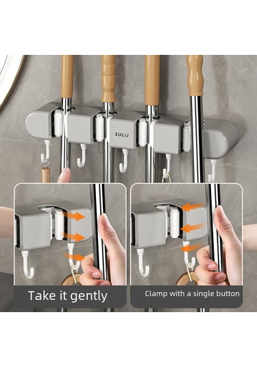 Geeroyoo Duvar Montlu Dört Klemeli Süpürge Tutucu - Deliksiz Yapıştırıcı Tasarım, Banyo/temizlik Gereçleri Organizerı Beyaz Diğer