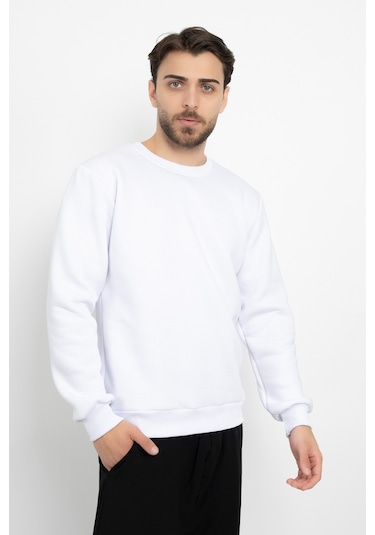 Dasüniforma Basic Baskısız 3 İplik Unisex Cepsiz Düz Sweatshirt Yuvarlak Yaka Sweat Beyaz